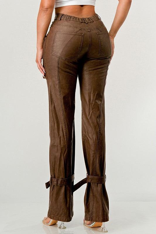 Luxury Couture PU Brown Leather Cargo Pants - Modestly Vogue 