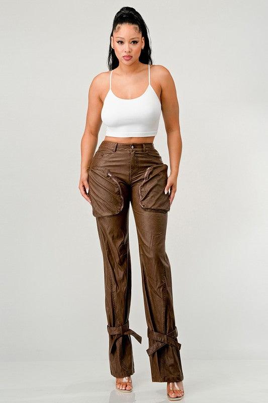 Luxury Couture PU Brown Leather Cargo Pants - Modestly Vogue 