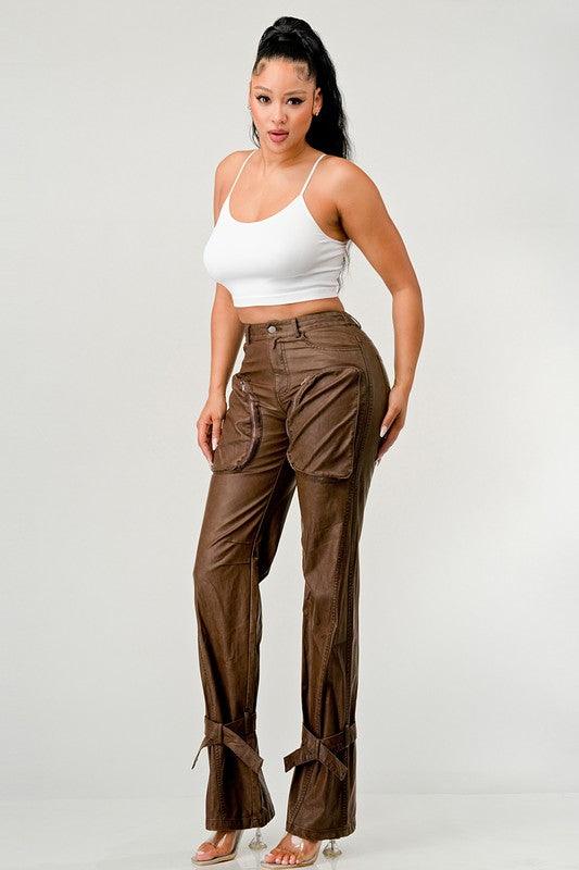 Luxury Couture PU Brown Leather Cargo Pants - Modestly Vogue 