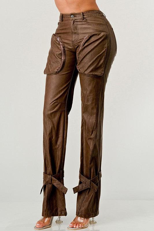 Luxury Couture PU Brown Leather Cargo Pants - Modestly Vogue 