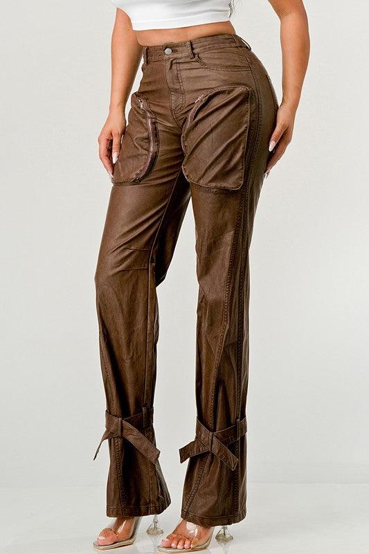 Luxury Couture PU Brown Leather Cargo Pants - Modestly Vogue 