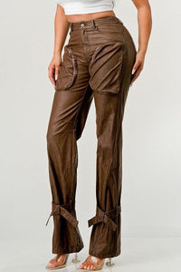 Luxury Couture PU Brown Leather Cargo Pants - Modestly Vogue 