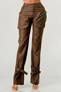 Luxury Couture PU Brown Leather Cargo Pants - Modestly Vogue 