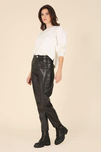 Black Vegan leather straight leg pants - Modestly Vogue 