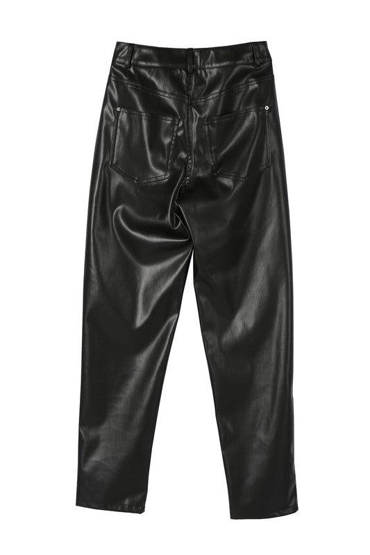 Black Vegan leather straight leg pants - Modestly Vogue 