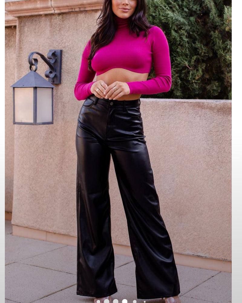 High Waist Faux Leather Wide Leg Straight Casual Leather Retro Pants - Modestly Vogue 