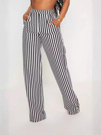 Stylish Pants for Women – Trendy & Comfortable Pants for Every Occasion | Modestly Vogue Women Clothing Black Striped Printed High Waist Straight Casual Wide Leg Pants - Modestly Vogue 