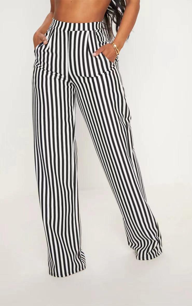 Stylish Pants for Women – Trendy & Comfortable Pants for Every Occasion | Modestly Vogue Women Clothing Black Striped Printed High Waist Straight Casual Wide Leg Pants - Modestly Vogue 