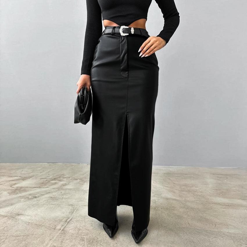 Fleece Lined Matte Leather High Waist Slim Fit Sexy Slit Straight Skirt No Belt - Modestly Vogue 