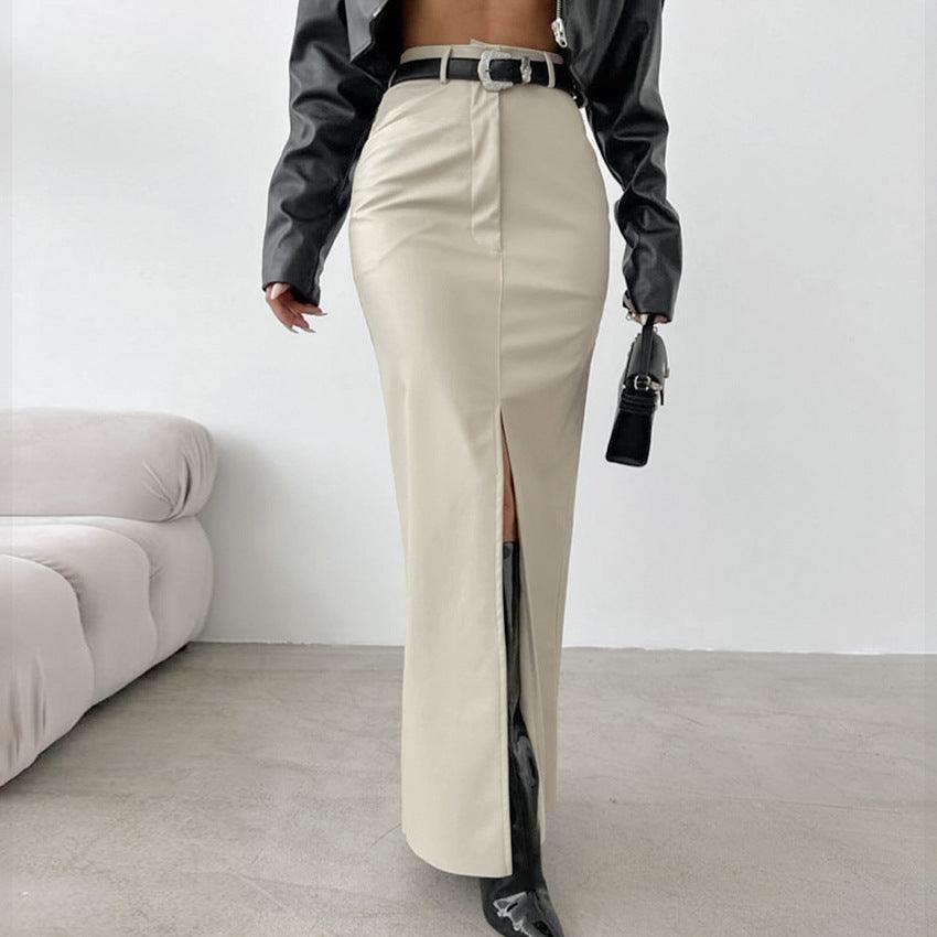 Fleece Lined Matte Leather High Waist Slim Fit Sexy Slit Straight Skirt No Belt - Modestly Vogue 