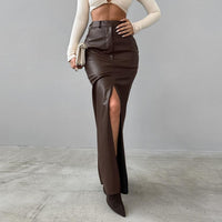 Fleece Lined Matte Leather High Waist Slim Fit Sexy Slit Straight Skirt No Belt - Modestly Vogue 