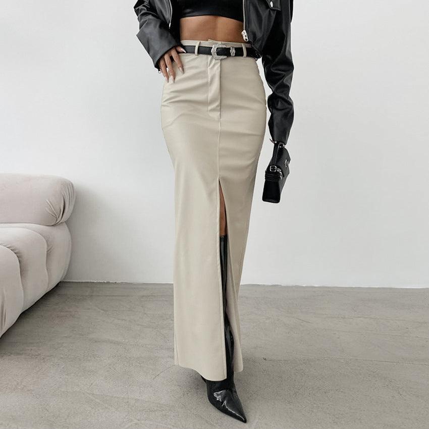 Fleece Lined Matte Leather High Waist Slim Fit Sexy Slit Straight Skirt No Belt - Modestly Vogue 