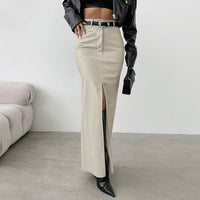 Fleece Lined Matte Leather High Waist Slim Fit Sexy Slit Straight Skirt No Belt - Modestly Vogue 