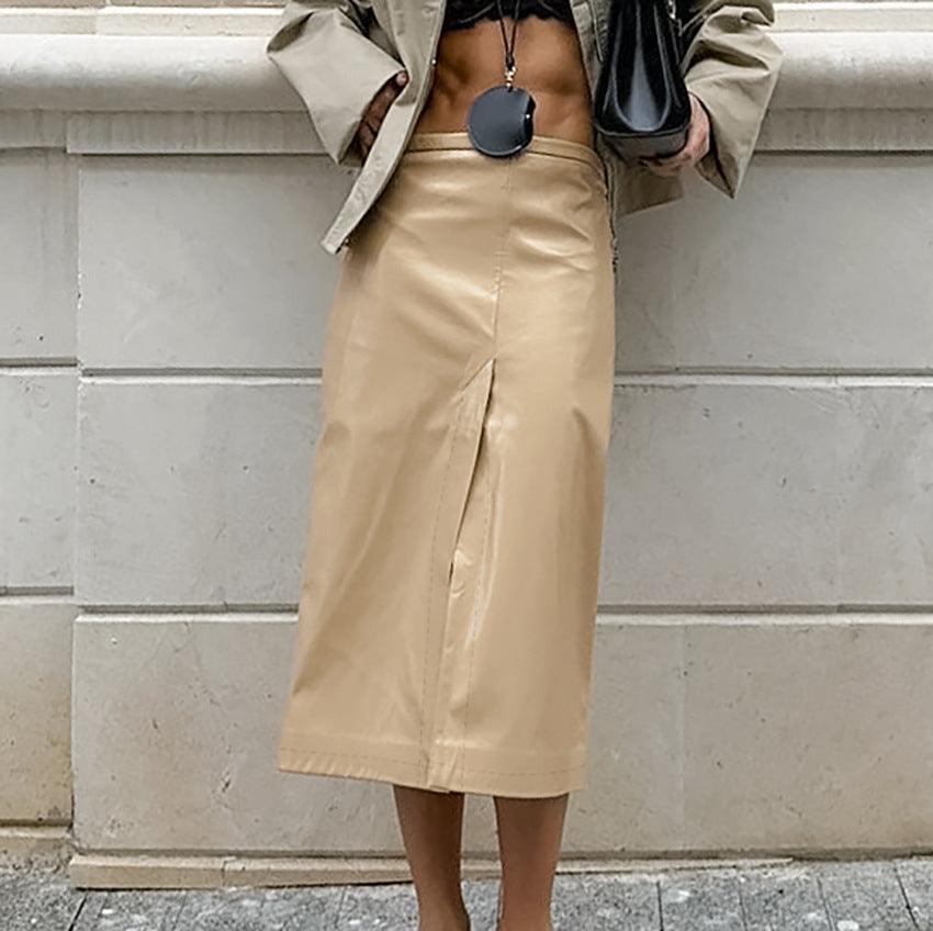 Khaki Faux Leather Retro Mid Waist Slim Fit Split Midi Skirt - Modestly Vogue 