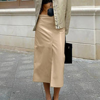 Khaki Faux Leather Retro Mid Waist Slim Fit Split Midi Skirt - Modestly Vogue 