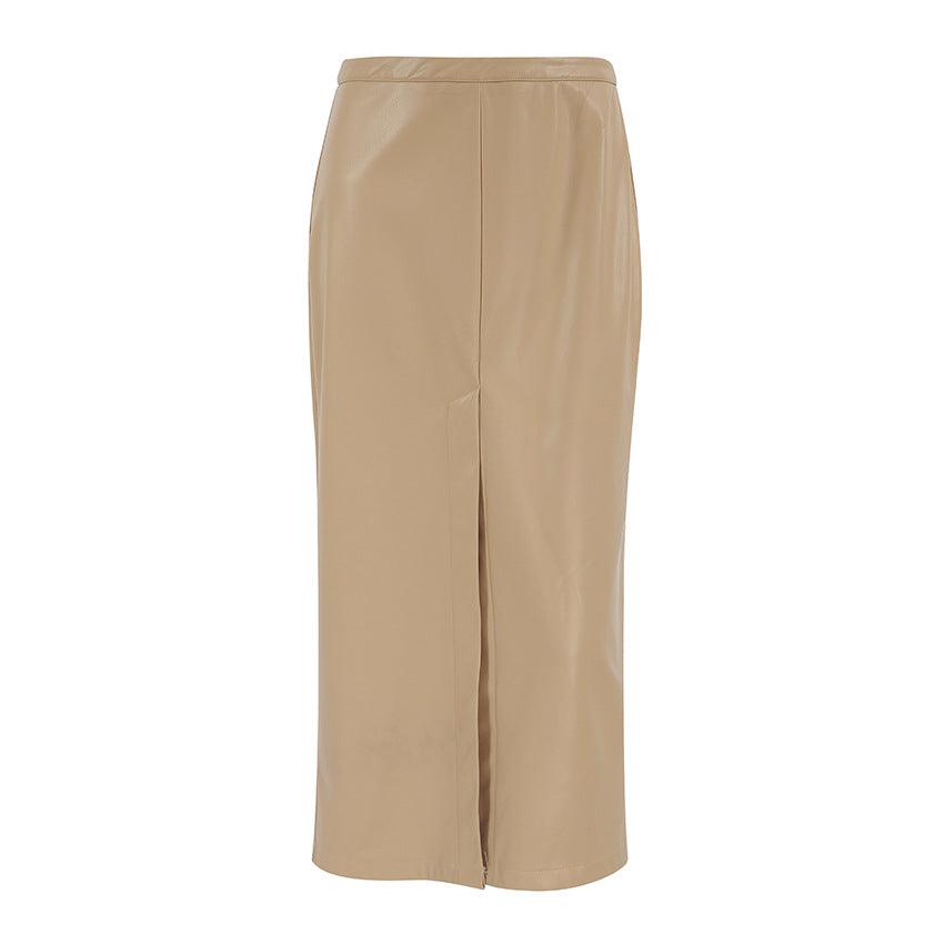 Khaki Faux Leather Retro Mid Waist Slim Fit Split Midi Skirt - Modestly Vogue 