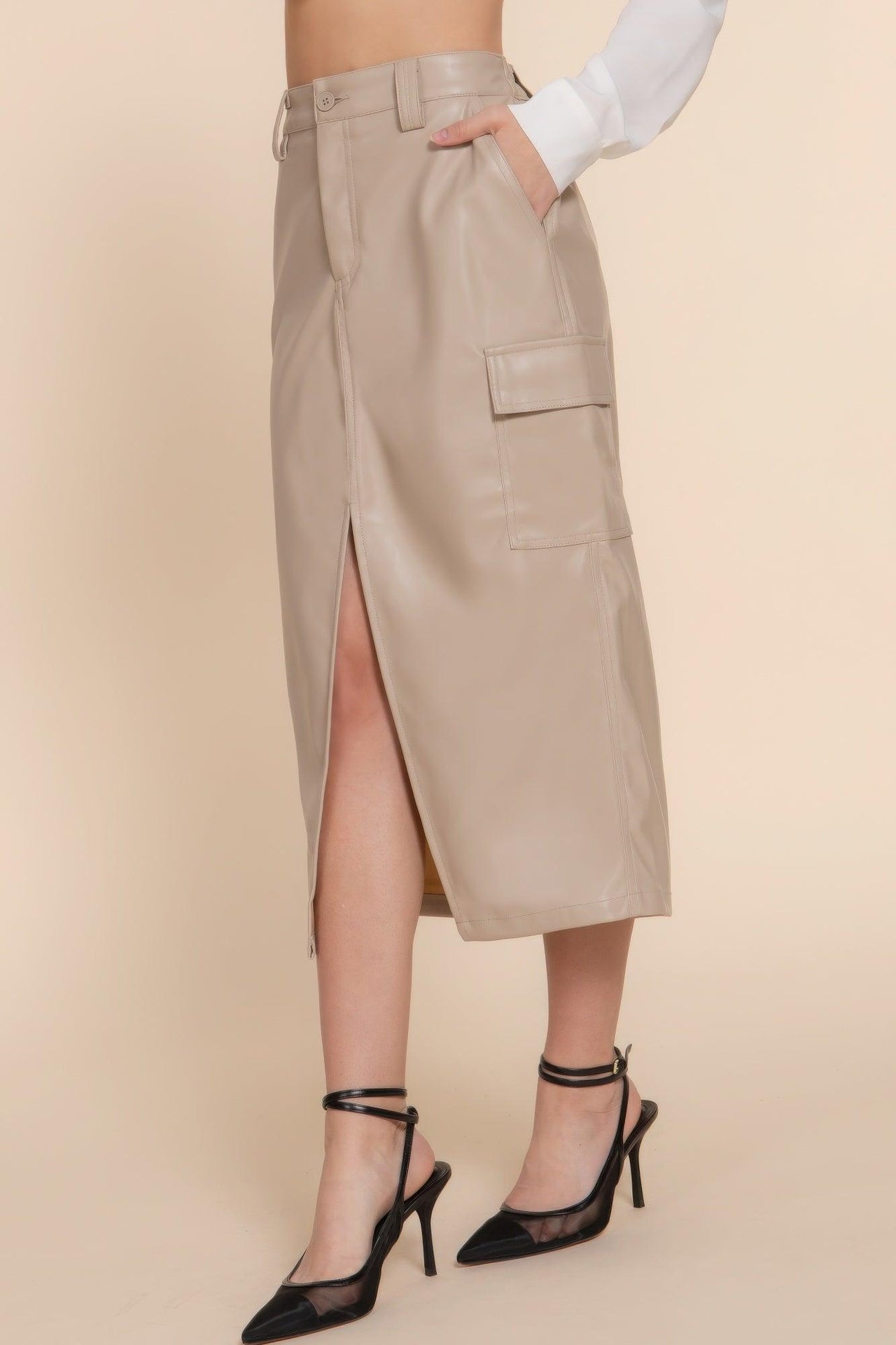 Faux Leather Midi Cargo Skirt - Modestly Vogue 