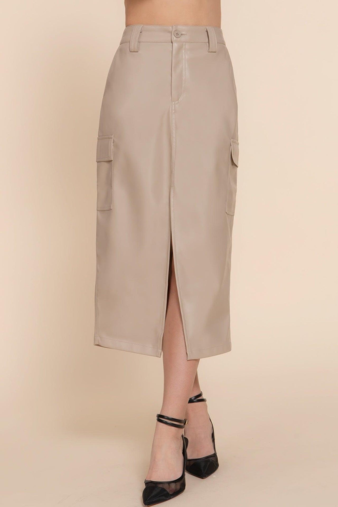 Faux Leather Midi Cargo Skirt - Modestly Vogue 