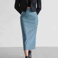 Slit High Waist Hip Skirt Leather Straight Faux Leather Skirt - Modestly Vogue 