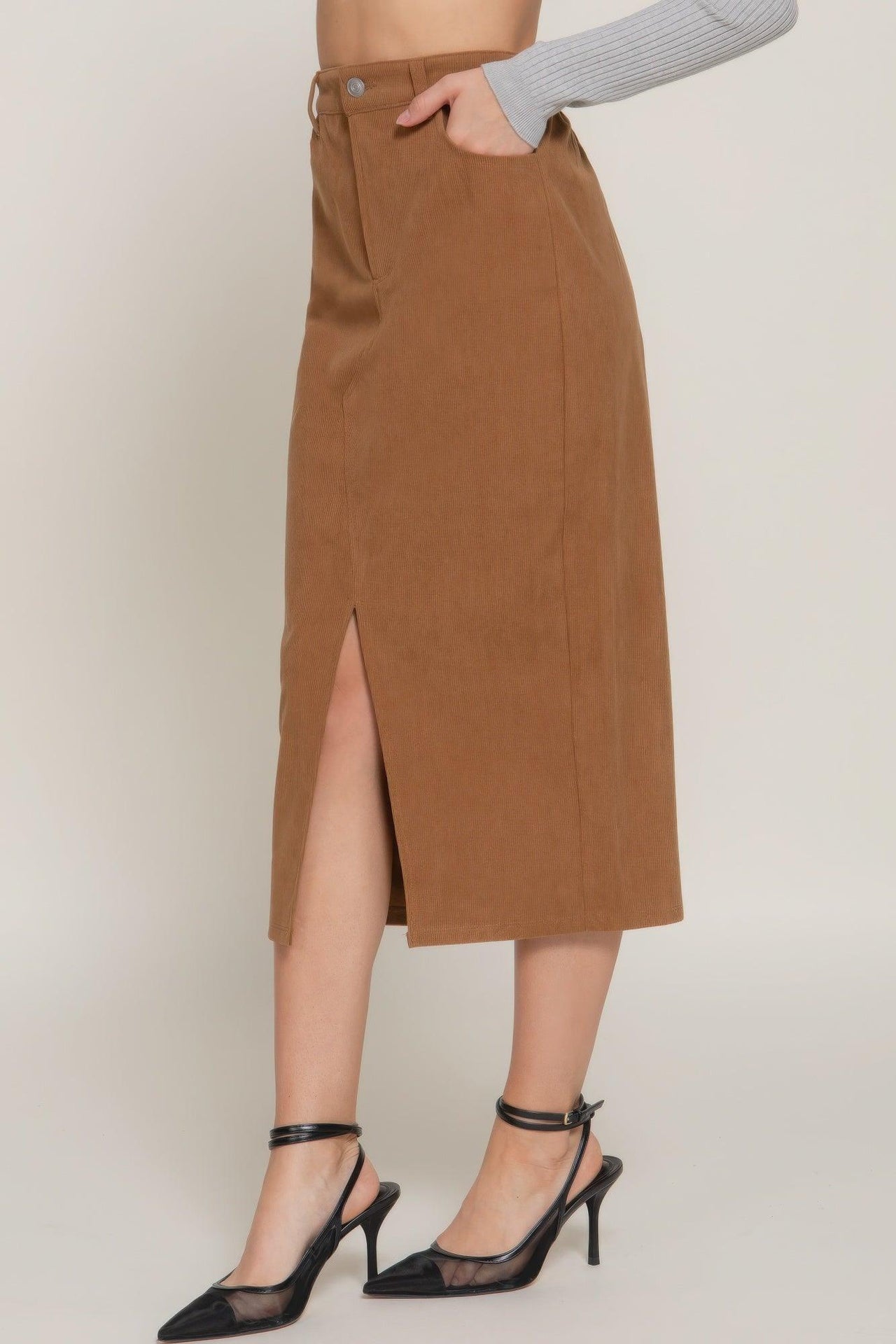 Stylish Skirts for Women – Trendy & Versatile Skirts for Every Occasion | Modestly Vogue Front Open Slit Corduroy Midi Skirt - Modestly Vogue 