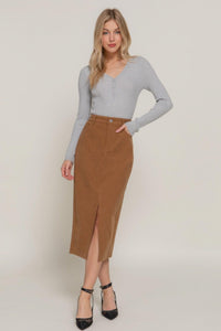 Stylish Skirts for Women – Trendy & Versatile Skirts for Every Occasion | Modestly Vogue Front Open Slit Corduroy Midi Skirt - Modestly Vogue 