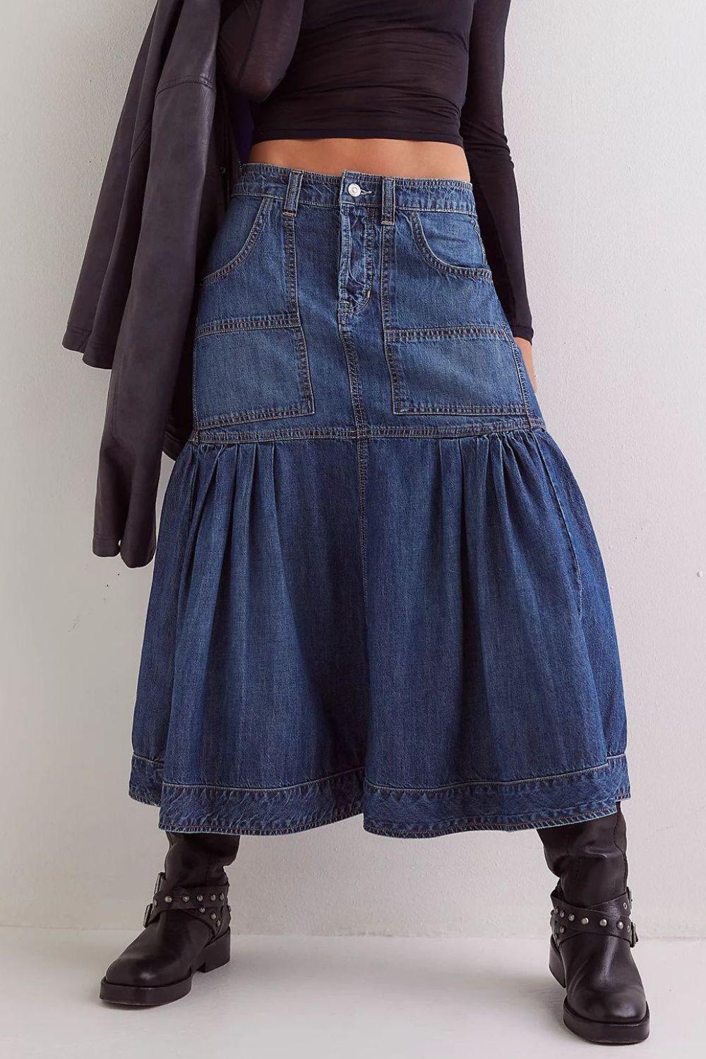 Denim – | Midi Skirt with Pockets - Modestly Vogue 