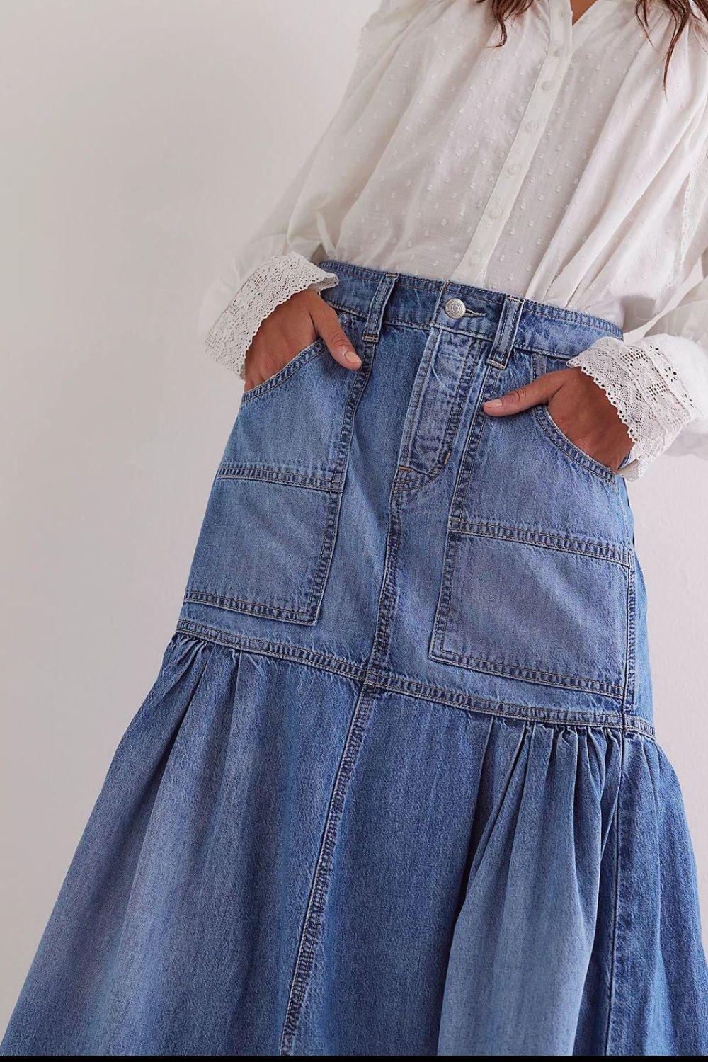 Denim – | Midi Skirt with Pockets - Modestly Vogue 