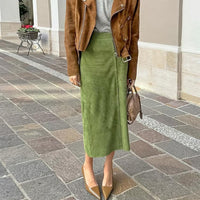 Stylish Skirts for Women – Trendy & Versatile Skirts for Every Occasion | Modestly Vogue Retro Green Suede Split Straight High Waist Skirt Autumn Brushed Velvet Slim Fit Skirt - Modestly Vogue 