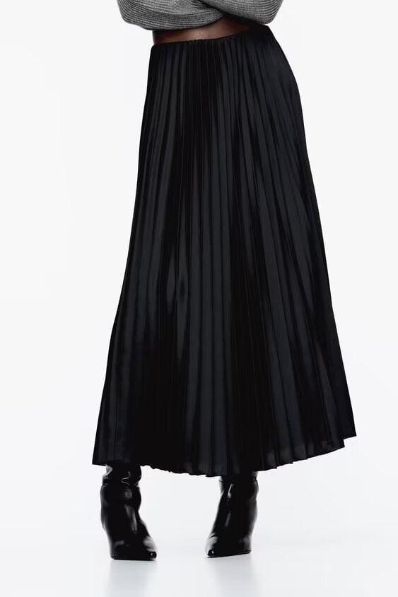 Women’s Pleated Midi Skirt | Solid Color Silk Satin Texture Skirt - Modestly Vogue 