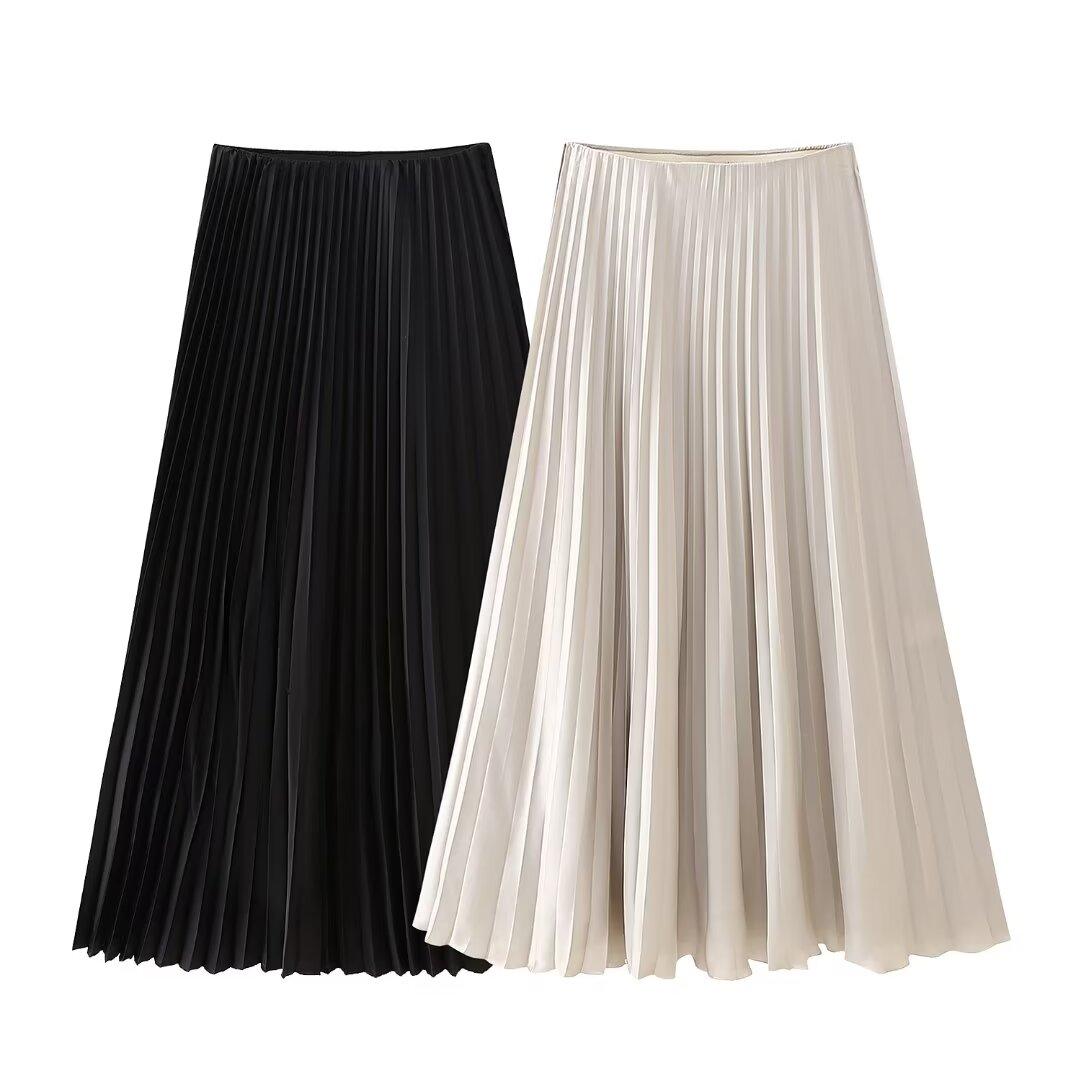 Women’s Pleated Midi Skirt | Solid Color Silk Satin Texture Skirt - Modestly Vogue 