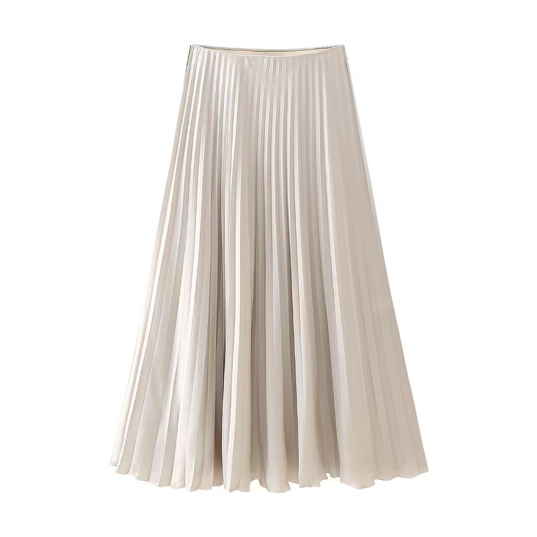 Women’s Pleated Midi Skirt | Solid Color Silk Satin Texture Skirt - Modestly Vogue 