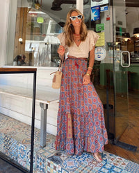 Boho Chic – | Summer Street Printed Long Skirt Flounced Skirt - Modestly Vogue 