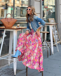 Boho Chic – | Summer Street Printed Long Skirt Flounced Skirt - Modestly Vogue 