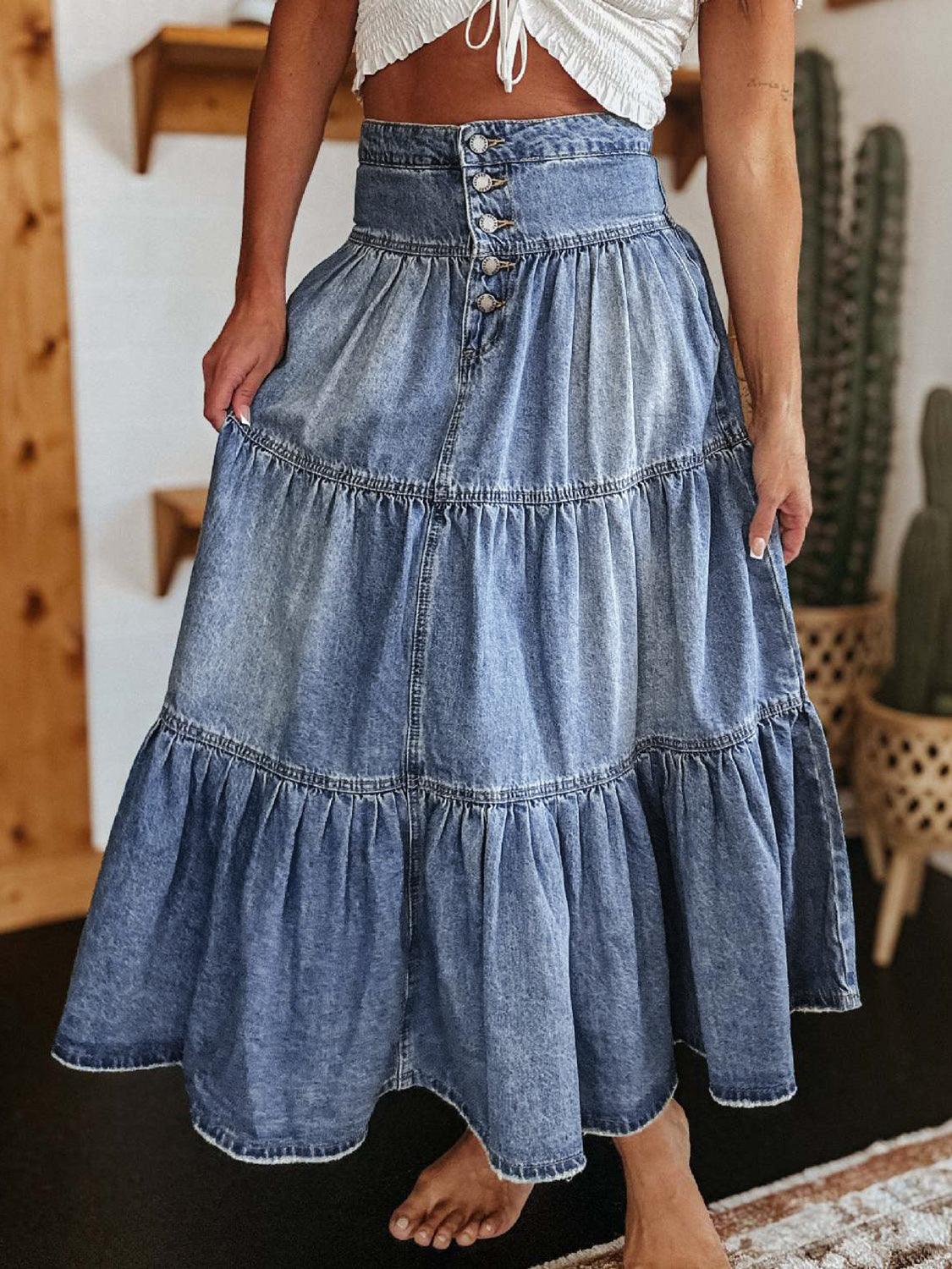 Denim – | Tiered Button-Fly Skirt - Modestly Vogue 