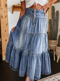 Denim – | Tiered Button-Fly Skirt - Modestly Vogue 