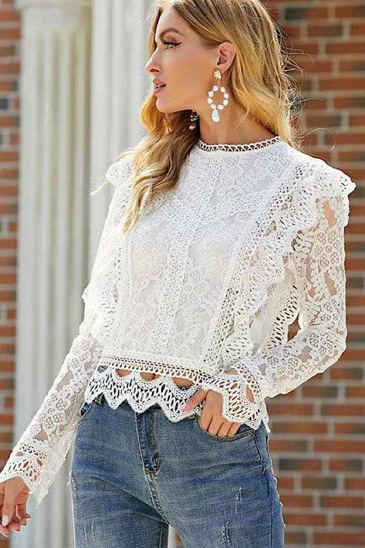 Stylish Tops & Blouses for Women – Trendy & Elegant Blouses for Every Occasion | Modestly Vogue All over lace long sleeve blouse - Modestly Vogue 