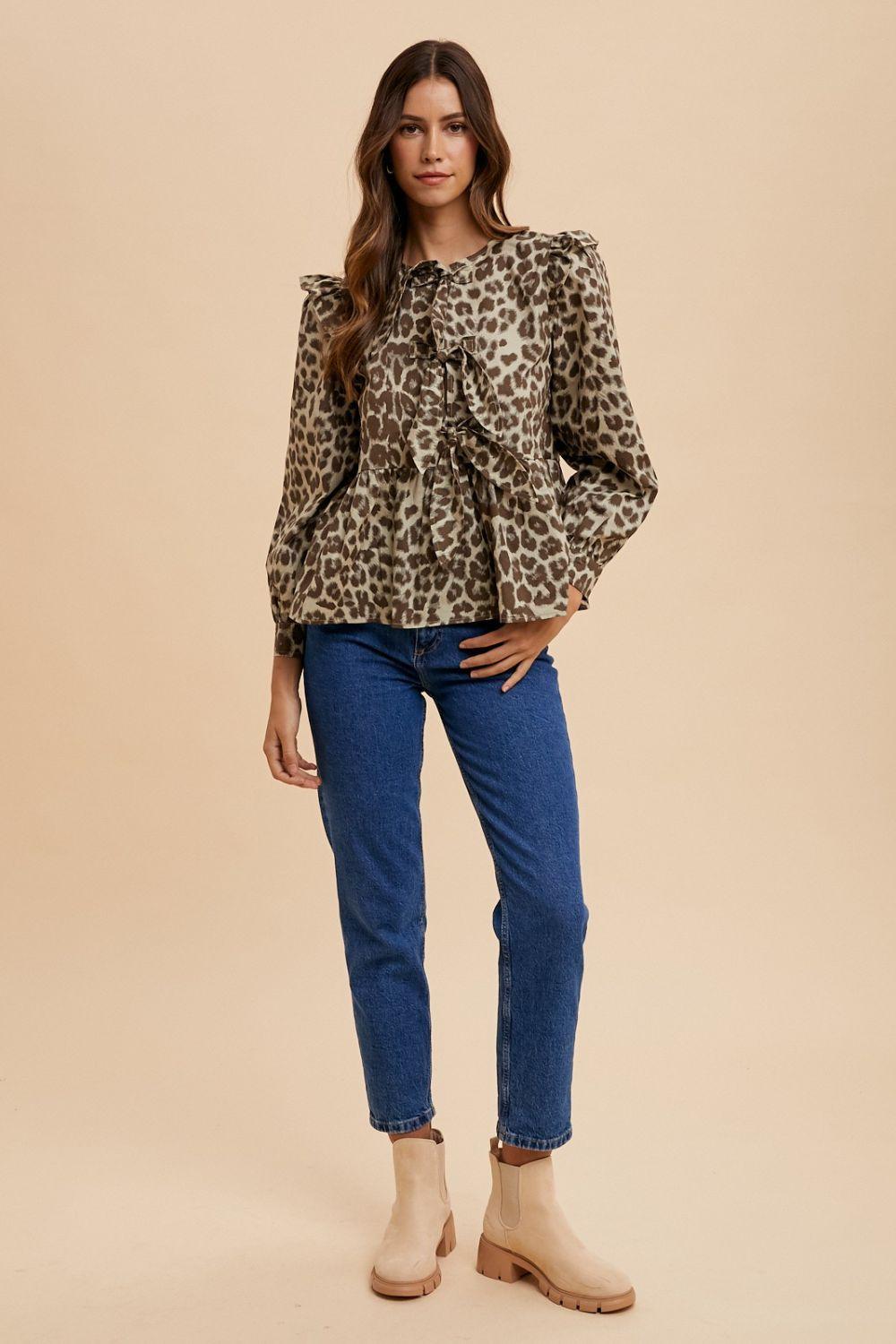 Stylish Tops & Blouses for Women – Trendy & Elegant Blouses for Every Occasion | Modestly Vogue Annie Wear Tied Leopard Round Neck Peplum Blouse - Modestly Vogue 