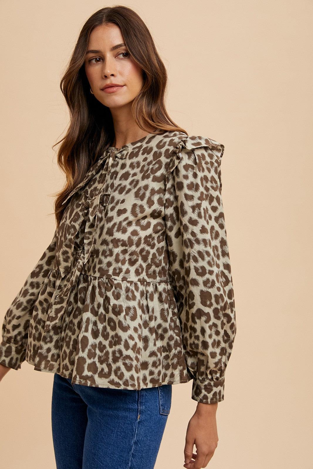 Stylish Tops & Blouses for Women – Trendy & Elegant Blouses for Every Occasion | Modestly Vogue Annie Wear Tied Leopard Round Neck Peplum Blouse - Modestly Vogue 