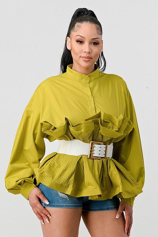 Tops Blouses Women – Blouses | ATHINA PLEATED RUFFLE WASIT BELT LONG BLOUSE - Modestly Vogue 