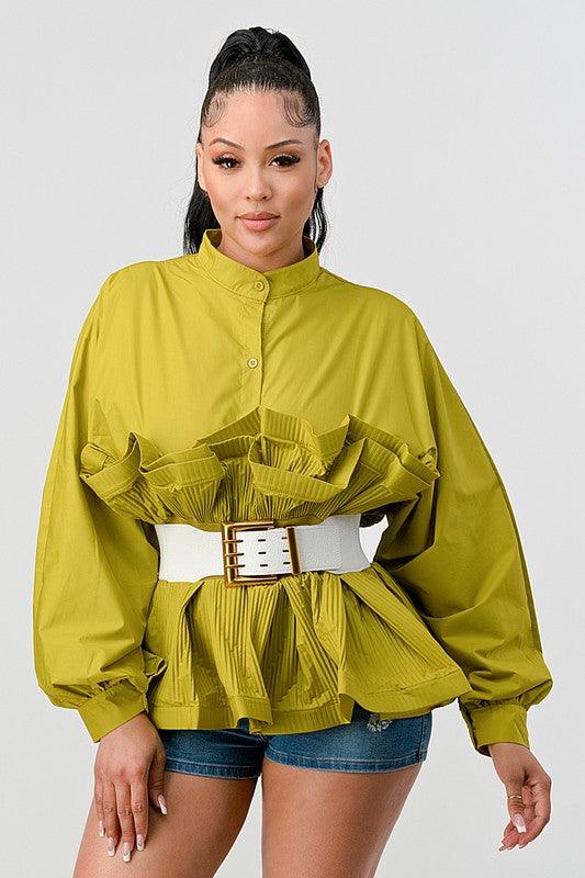 Tops Blouses Women – Blouses | ATHINA PLEATED RUFFLE WASIT BELT LONG BLOUSE - Modestly Vogue 