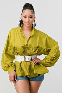 Tops Blouses Women – Blouses | ATHINA PLEATED RUFFLE WASIT BELT LONG BLOUSE - Modestly Vogue 