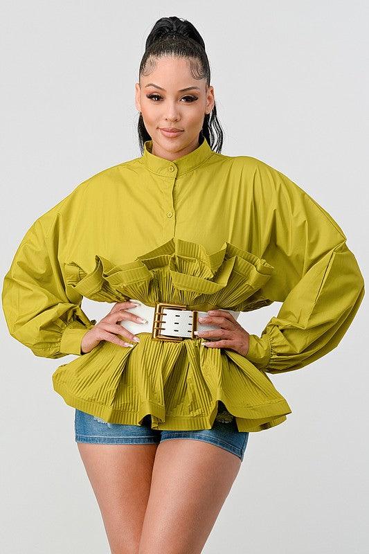 Tops Blouses Women – Blouses | ATHINA PLEATED RUFFLE WASIT BELT LONG BLOUSE - Modestly Vogue 