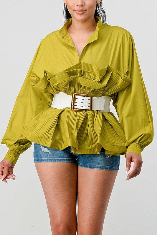 Tops Blouses Women – Blouses | ATHINA PLEATED RUFFLE WASIT BELT LONG BLOUSE - Modestly Vogue 