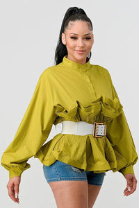 Tops Blouses Women – Blouses | ATHINA PLEATED RUFFLE WASIT BELT LONG BLOUSE - Modestly Vogue 