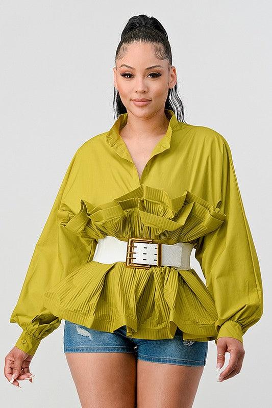 Tops Blouses Women – Blouses | ATHINA PLEATED RUFFLE WASIT BELT LONG BLOUSE - Modestly Vogue 