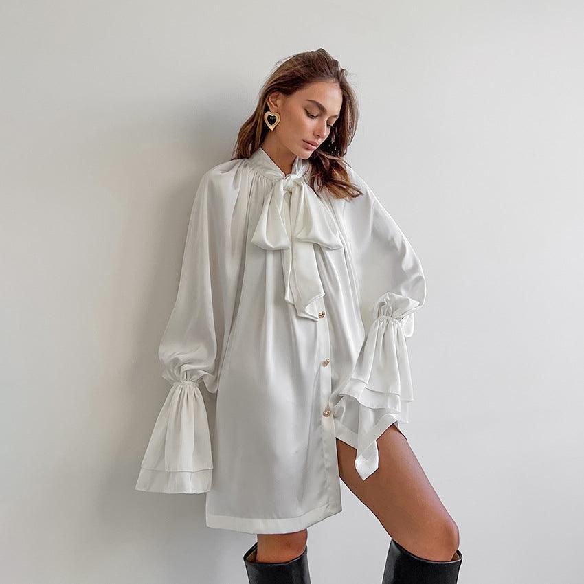 Tops Blouses Women – Blouses | Autumn Winter Casual Thick Matte Satin Loose Tie Neck Flare Sleeve Tie Neck Women Clothing Dress White - Modestly Vogue 