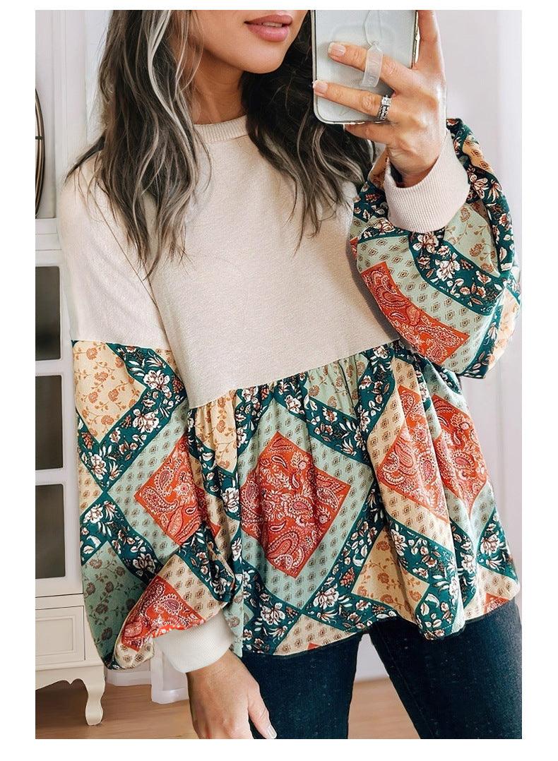 Boho Chic – | Autumn Winter Color-Block Crew Neck Pullover Retro Loose Geometric Abstract Printed Long Sleeve Sweater - Modestly Vogue 