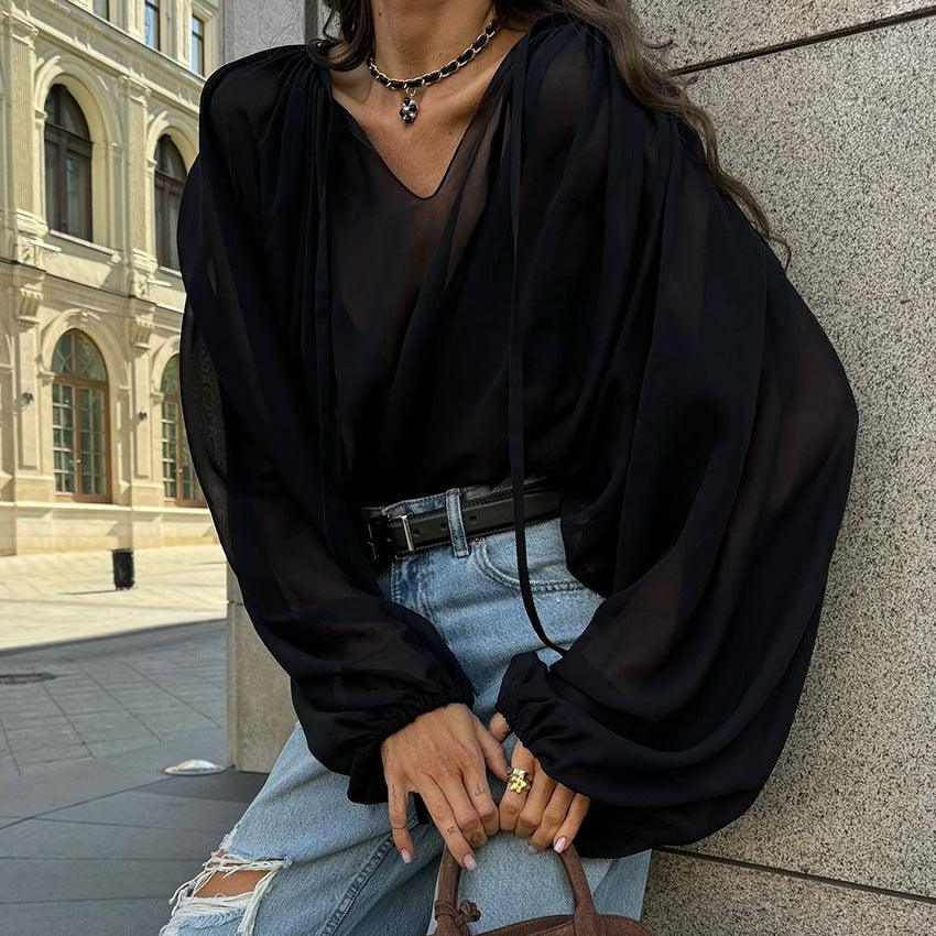 Chiffon Black Mysterious Loose V neck Sleeve Lace up Shirt Blouse - Modestly Vogue 