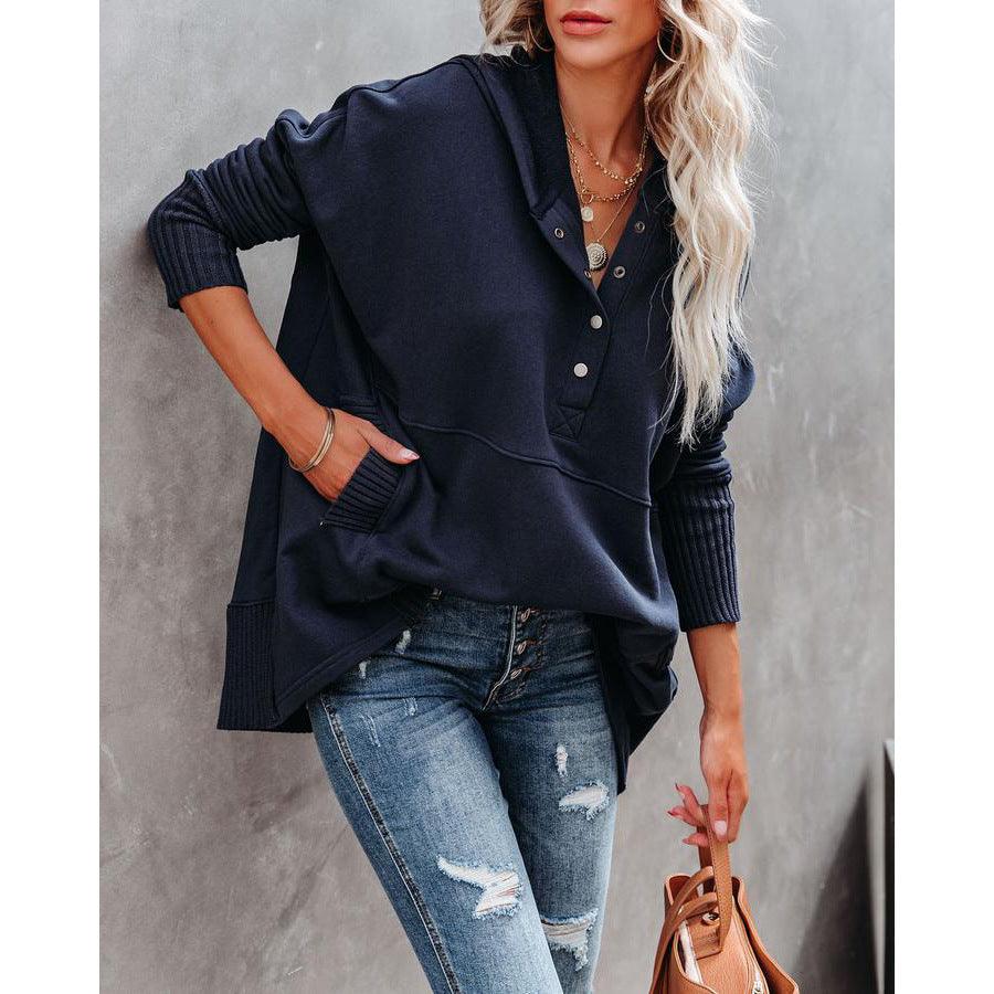 Stylish Tops & Blouses for Women – Trendy & Elegant Blouses for Every Occasion | Modestly Vogue Autumn Winter New V-neck Hooded Multi-Color Batwing Sleeve Sweatshirt Loose Thread Patchwork Top Female - Modestly Vogue 