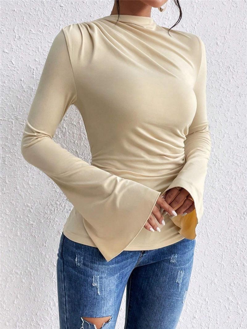 Stylish Tops & Blouses for Women – Trendy & Elegant Blouses for Every Occasion | Modestly Vogue Autumn Winter Pleating Bell Sleeve Stand up Collar Slim Fit T shirt - Modestly Vogue 